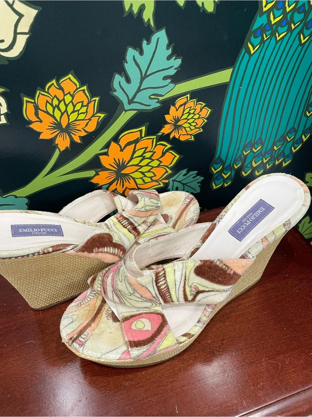 Emilio Pucci Velvet Print Wedge Mule Slides Size 39 Made in Italy